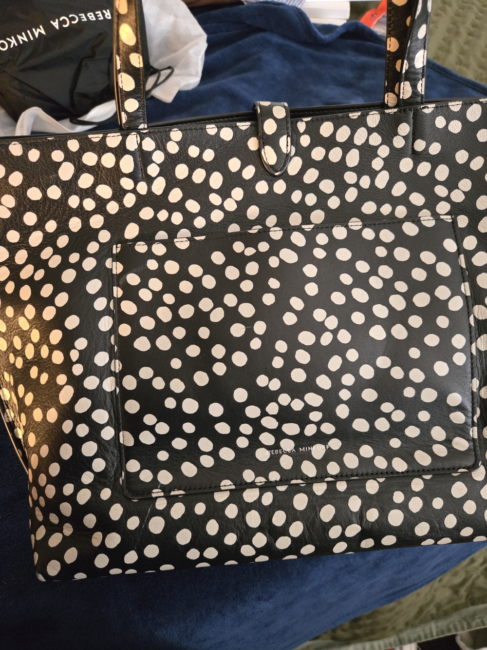 Rebecca Minkoff Black Leather Tote with Cream/White Polka Dot Print. Like New! - Picture 8 of 15